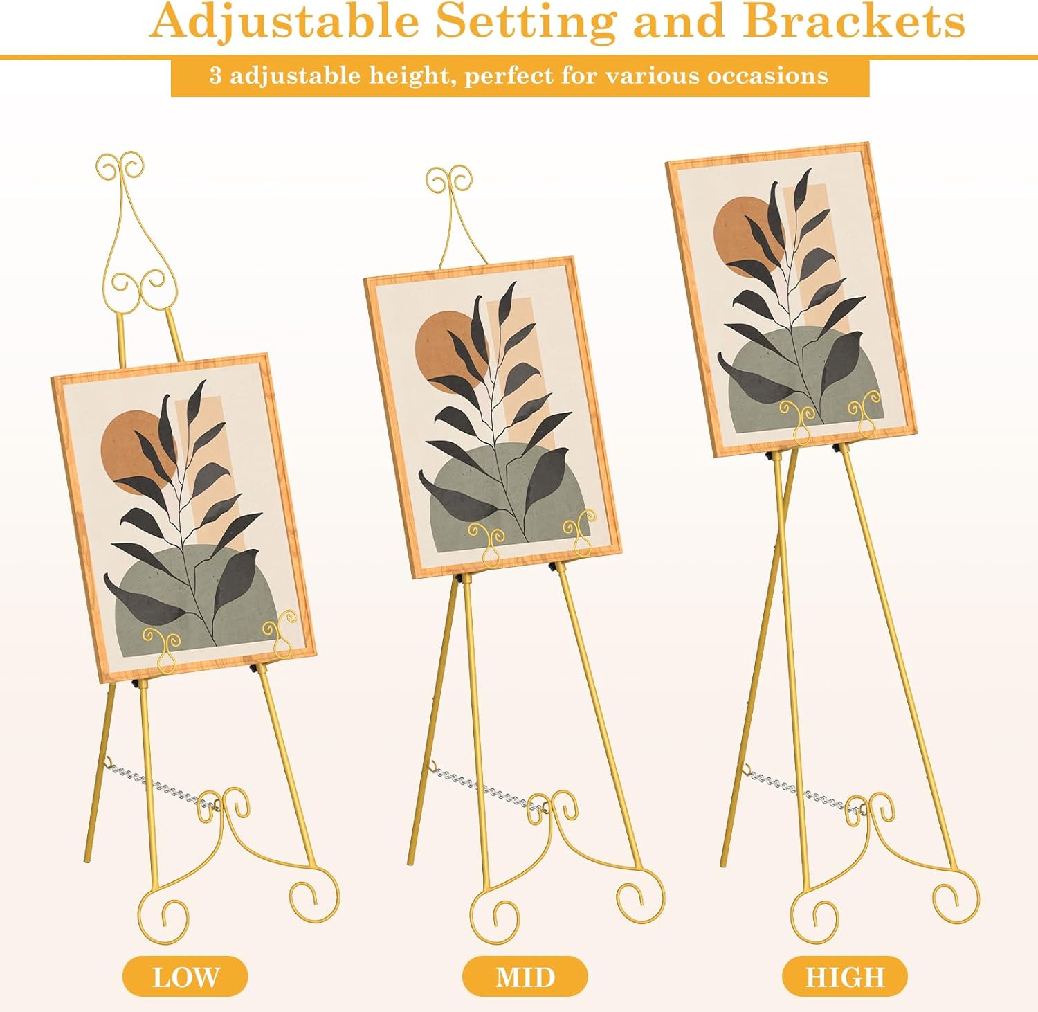 HAITRAL Gold Easel Stand for Sign,Adjustable Display Easel Stand with Chain Support,Heavy Duty Metal Easel for Wedding Sign,Art,Pictures,Paintings, 55 H Welcome Poster Stand Sign Holder Floor Décor